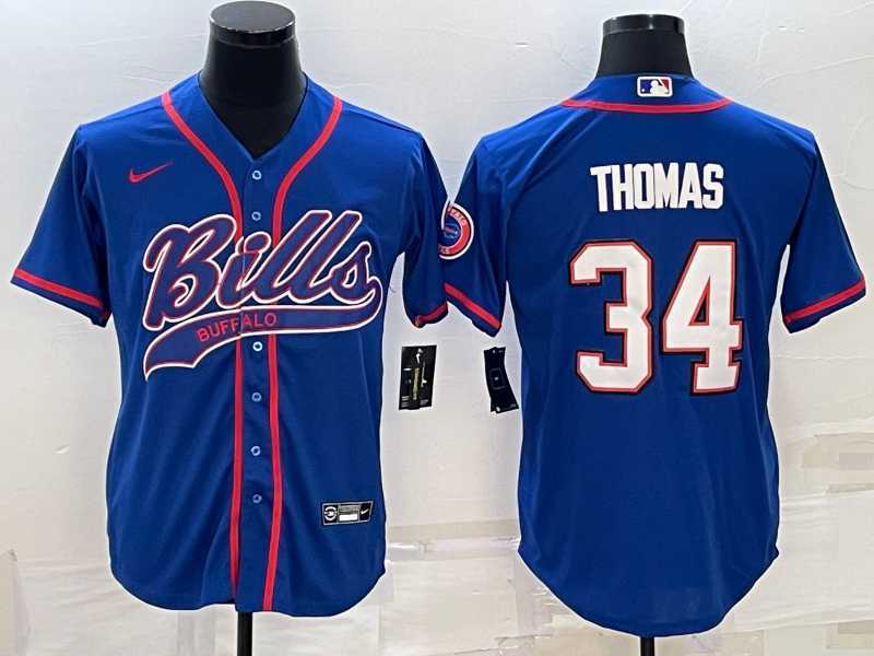 Mens Buffalo Bills #34 Thurman Thomas Blue With Patch Cool Base Stitched Baseball Jersey->buffalo bills->NFL Jersey